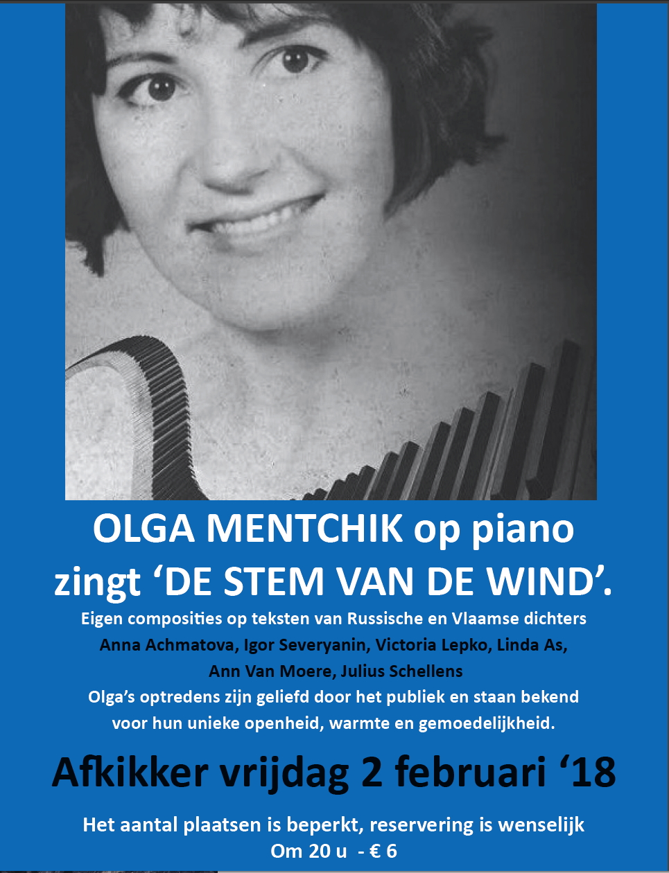 Affiche. Gent. Olga Mentchik op piano zingt « De stem van de wind » 2018-02-02